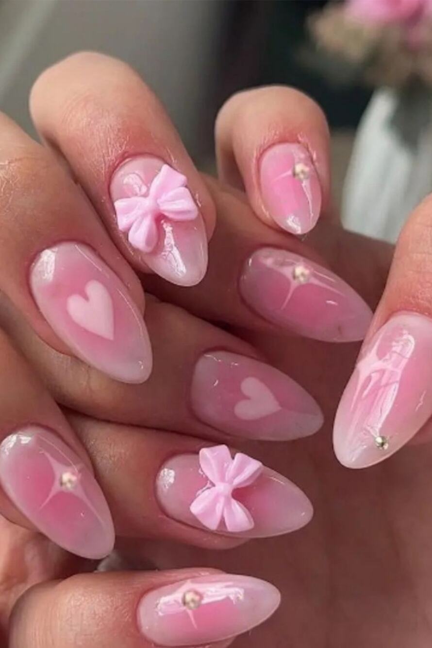 Pink Heart Print Bow Rhinestone Decor Almond Shape Glue On False Nails
